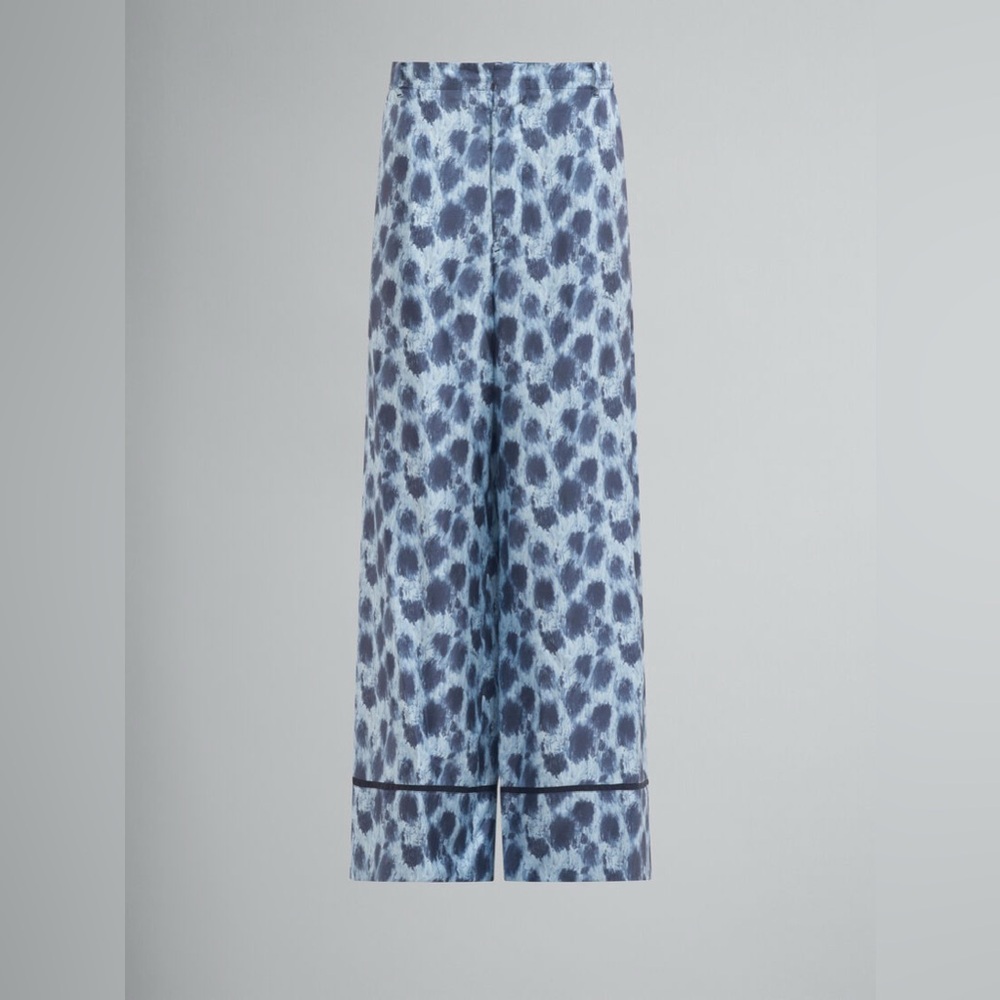 MARNI Light blue silk palazzo trousers with Crayon Leopard print. NEW W TAGS